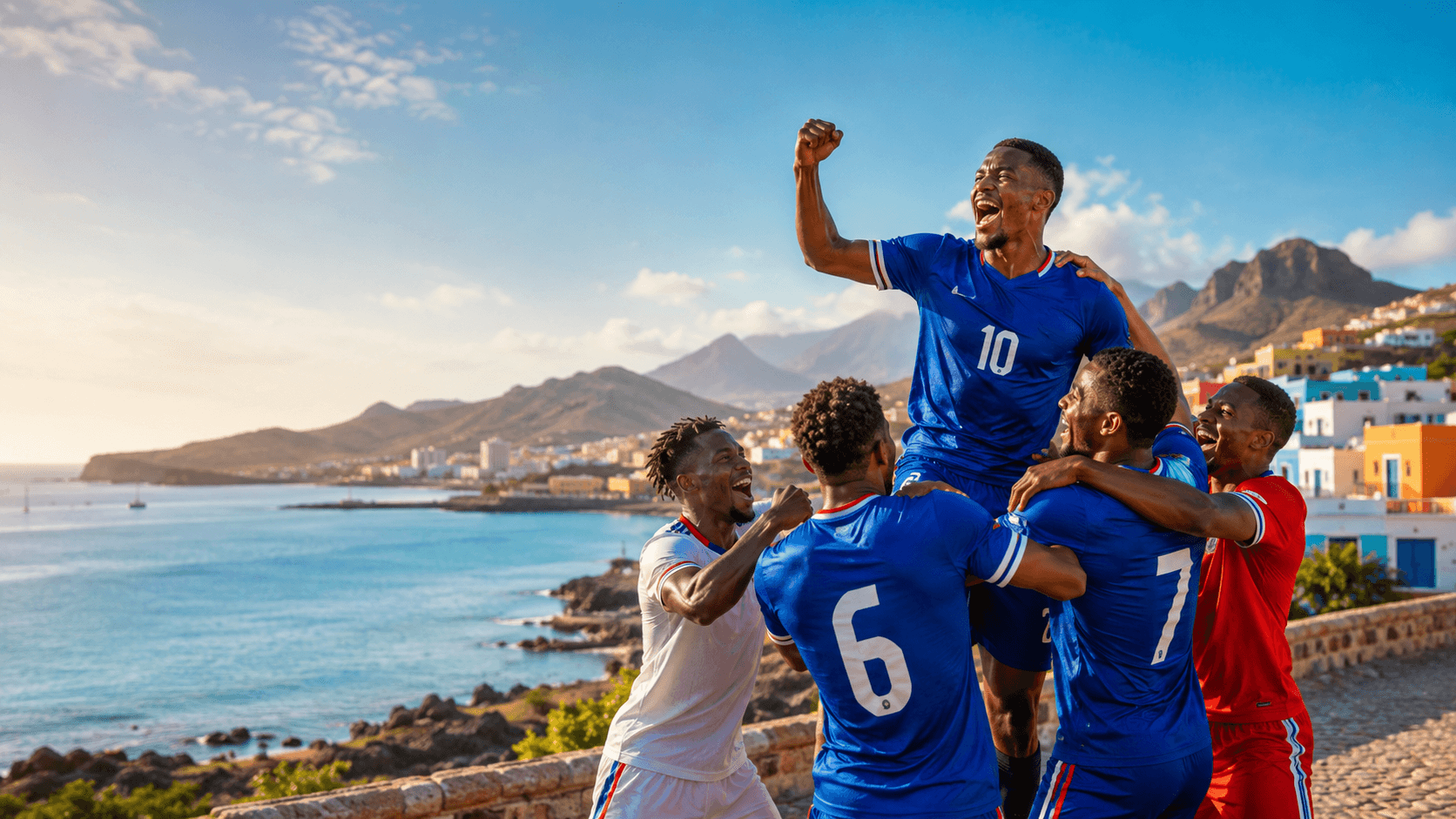 Seleção de Cabo Verde a celebrar, com a costa da ilha ao fundo